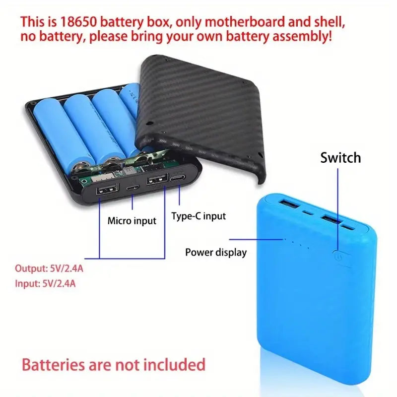 Super Large Capacity Detachable 4-Series 18650 Power Bank Case