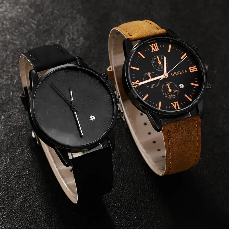 2-Piece Luxury Men's Leather Strap Quartz Watch Set with Calendar