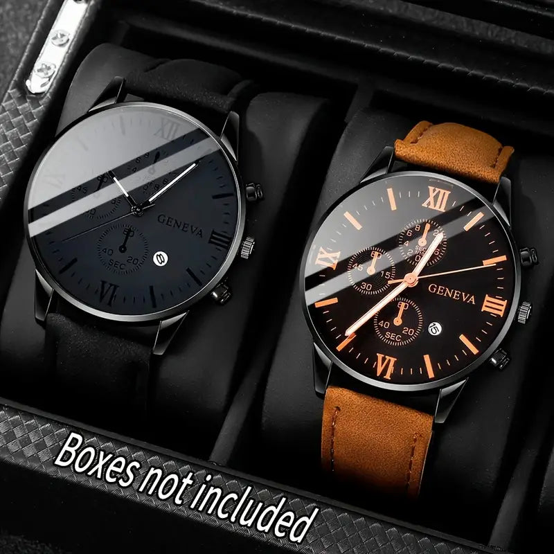 2-Piece Luxury Men's Leather Strap Quartz Watch Set with Calendar