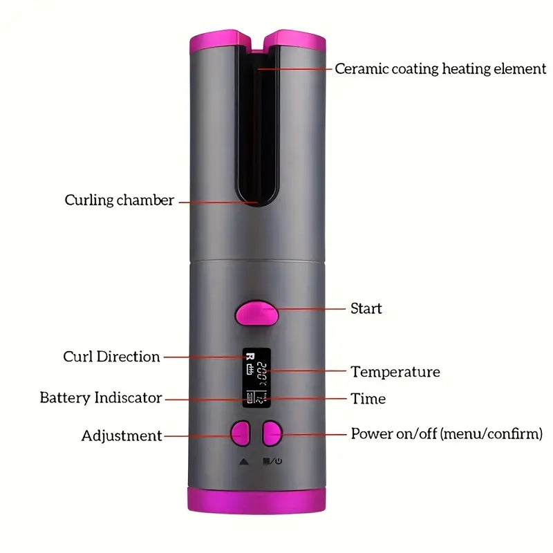 Automatic Curling Iron, USB Rechargeable, with LCD Display
