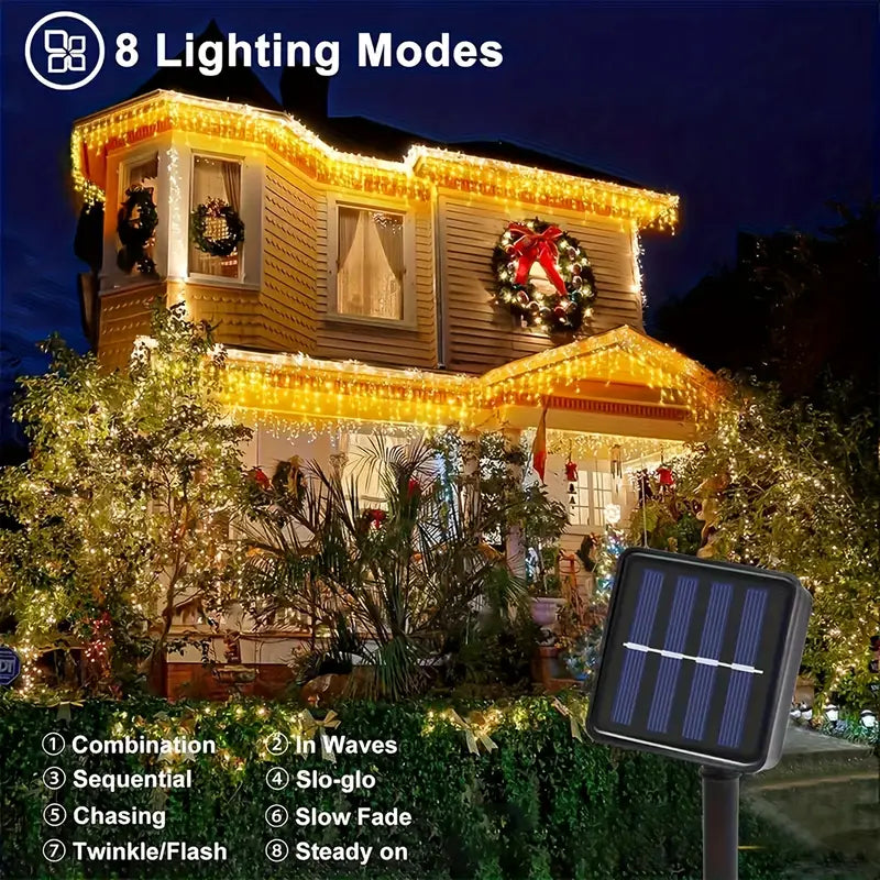 162 LED Solar Icicle String Lights, 8 Modes Festive Decoration Lights