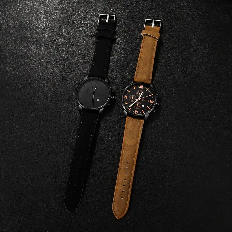 2-Piece Luxury Men's Leather Strap Quartz Watch Set with Calendar