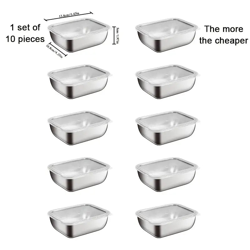 10pcs Stainless Steel Square Food Storage Containers with Flip-Top Lids